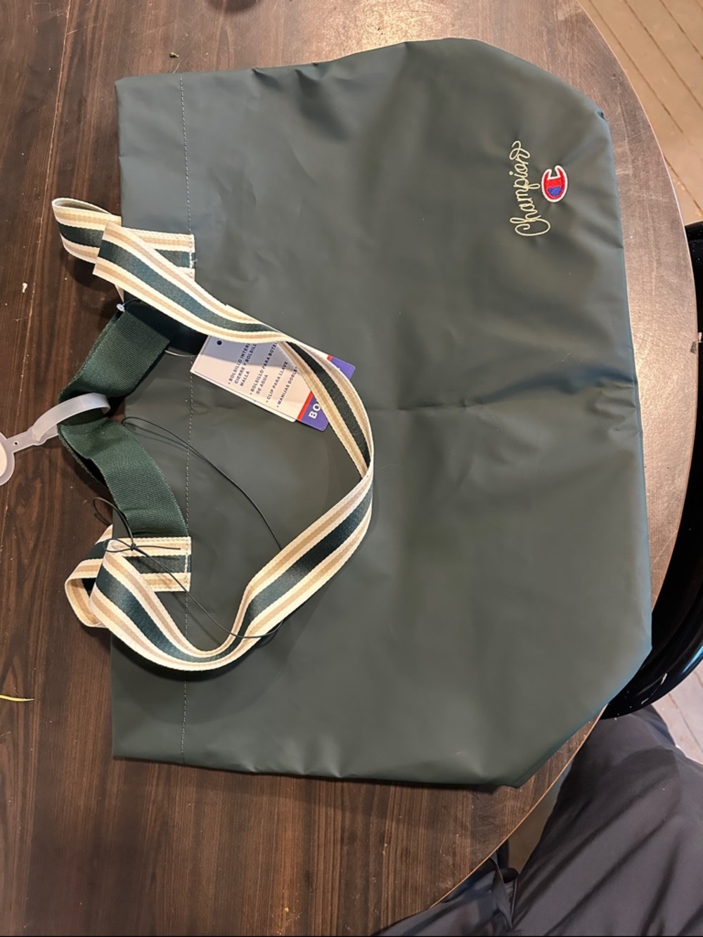 Champion Dark Green Tote with Striped Shoulder Straps